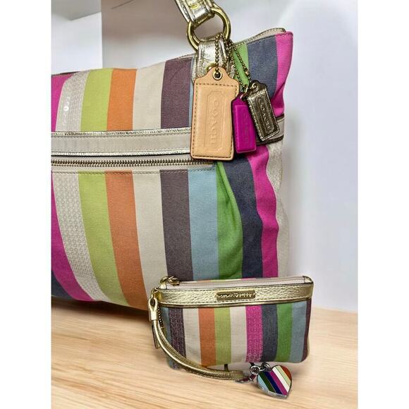 Coach 19021 Poppy Legacy Stripe Sequins Glam Tote & Wristlet - Picture 7 of 15